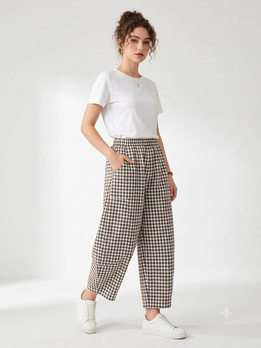 Made in Italy Gingham Check barrel leg Trouser  - Chocolate