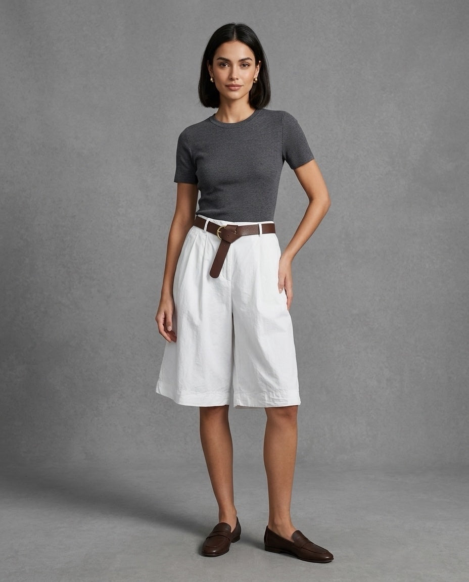Made in Italy High-Waisted Cotton Wide-Leg Shorts with Belt - White