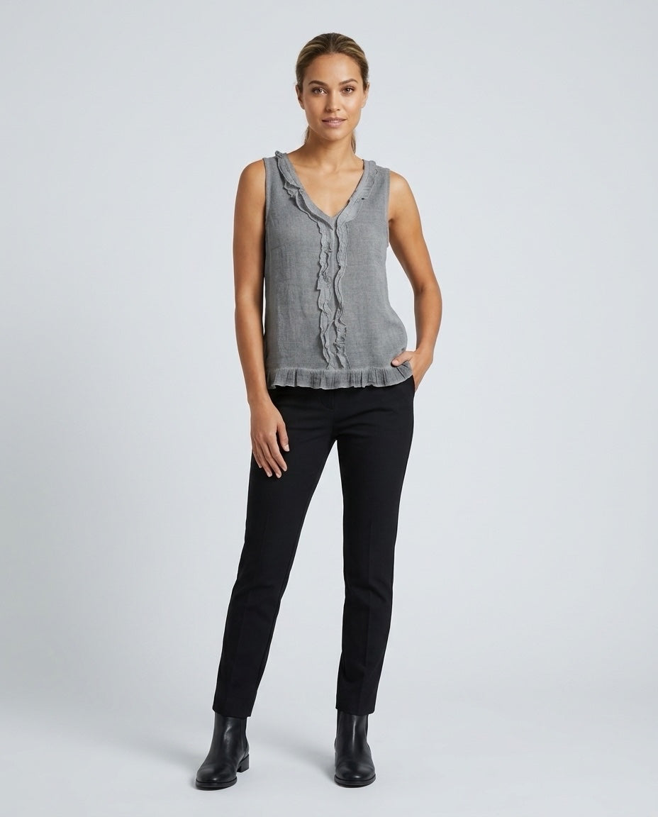 Made in Italy Ruffled V-Neck Sleeveless Blouse - Dim Gray