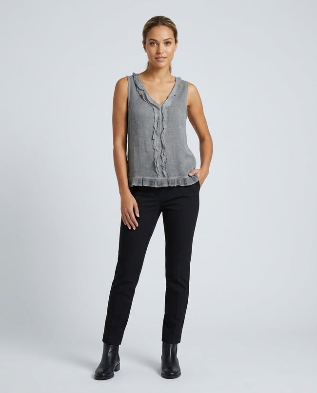Made in Italy Ruffled V-Neck Sleeveless Blouse - Dim Gray