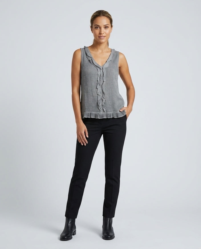 Made in Italy Ruffled V-Neck Sleeveless Blouse - Dim Gray