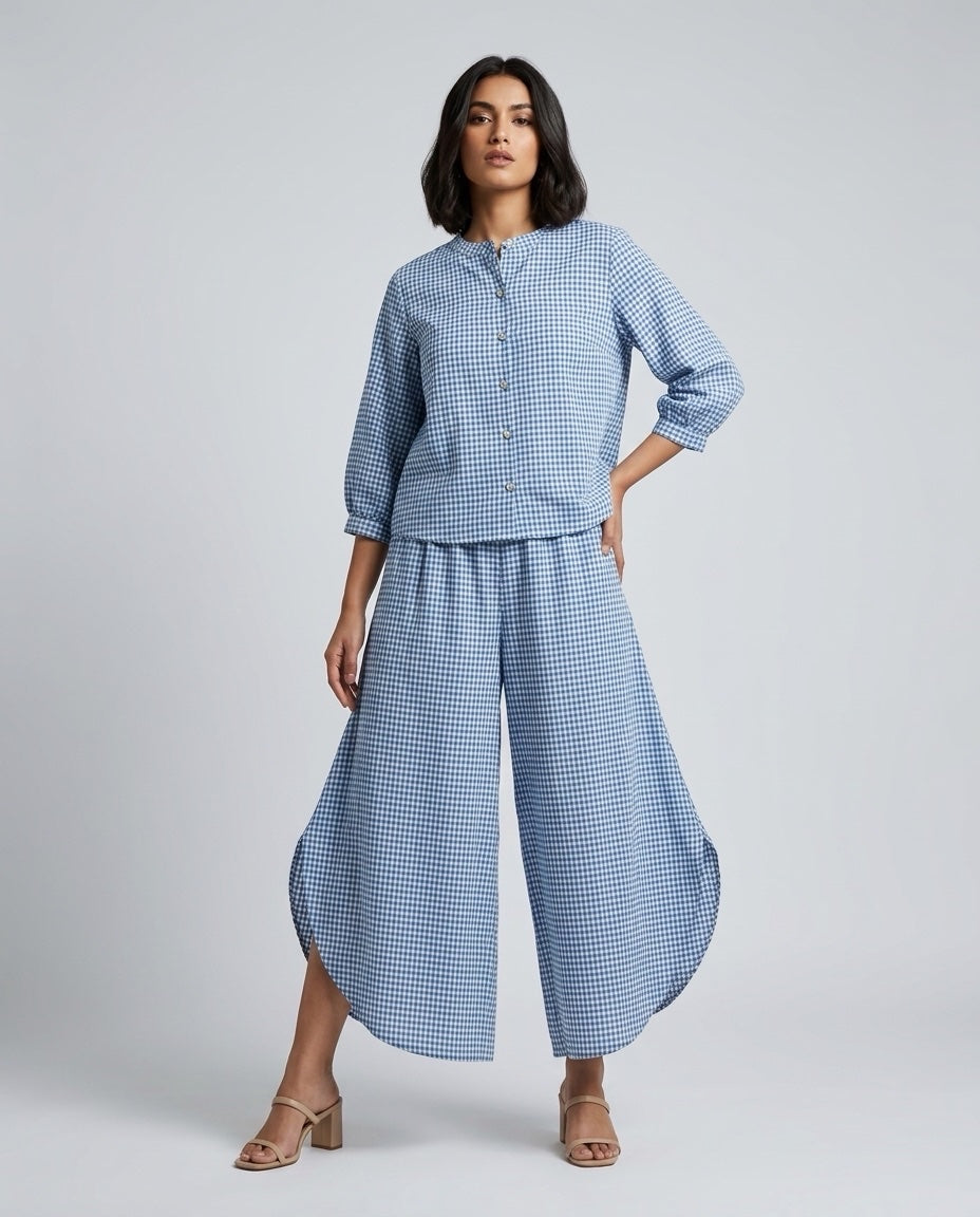 Gingham Check Shirt and Culotte Set - Denim