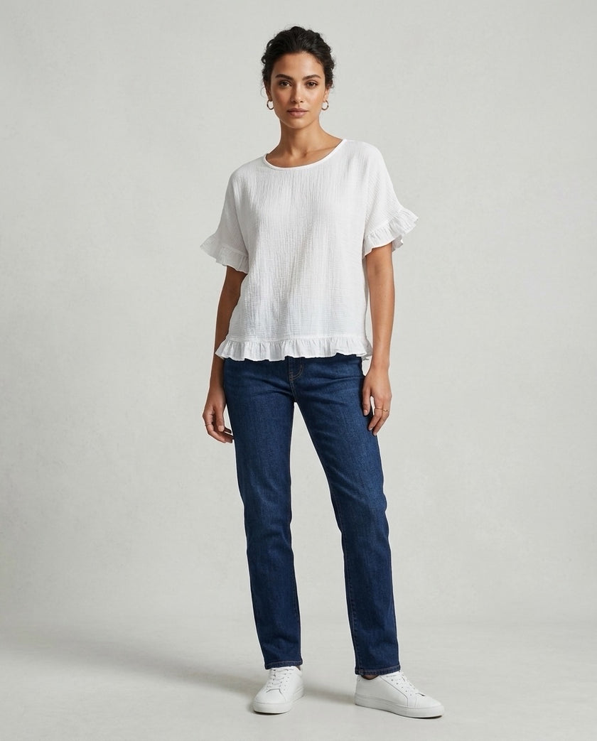 Made in Italy Gauze Top with Ruffle Trim - White