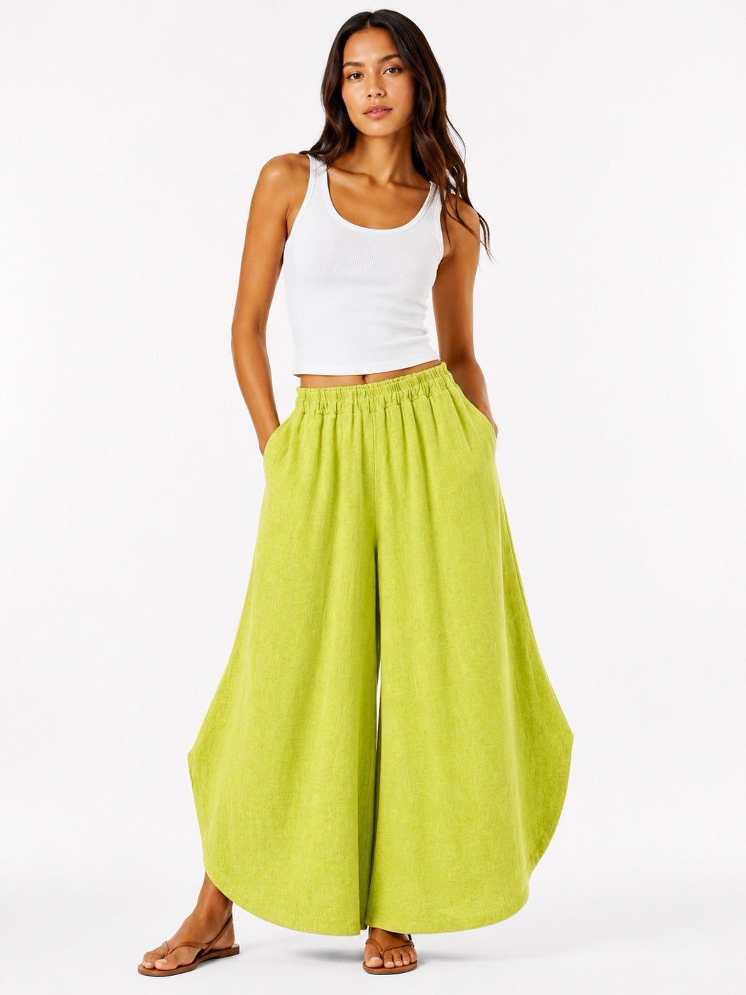 Made in Italy Wide-Leg Linen Blend Palazzo Trousers - Khaki Green