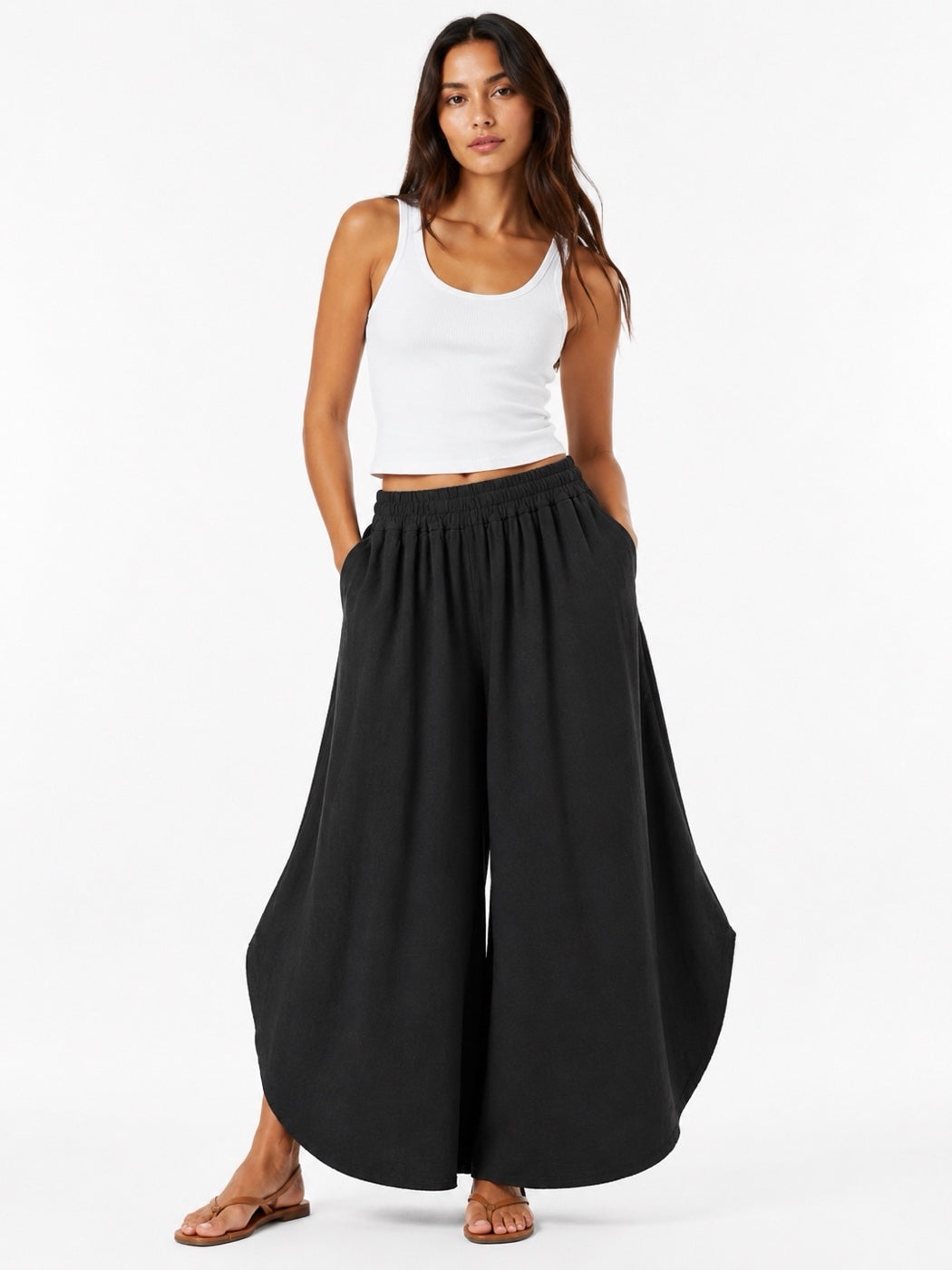 Made in Italy Wide-Leg Linen Blend Palazzo Trousers - Black