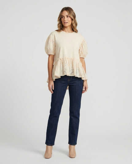 Made in Italy Embroidered Eyelet Peplum Top - Cream