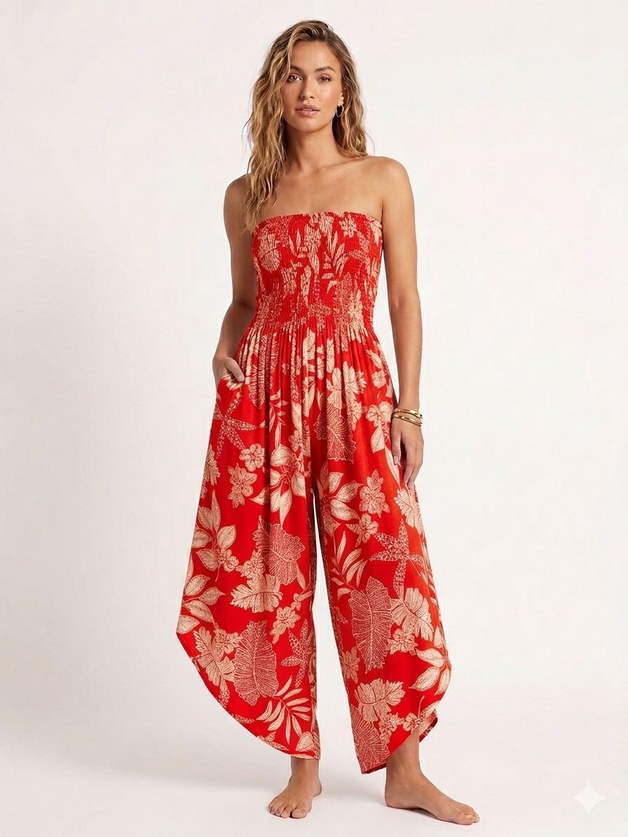 Made in Italy Smocked Strapless Jumpsuit - Coral Red
