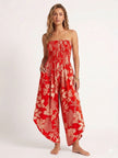 Made in Italy Smocked Strapless Jumpsuit - Coral Red
