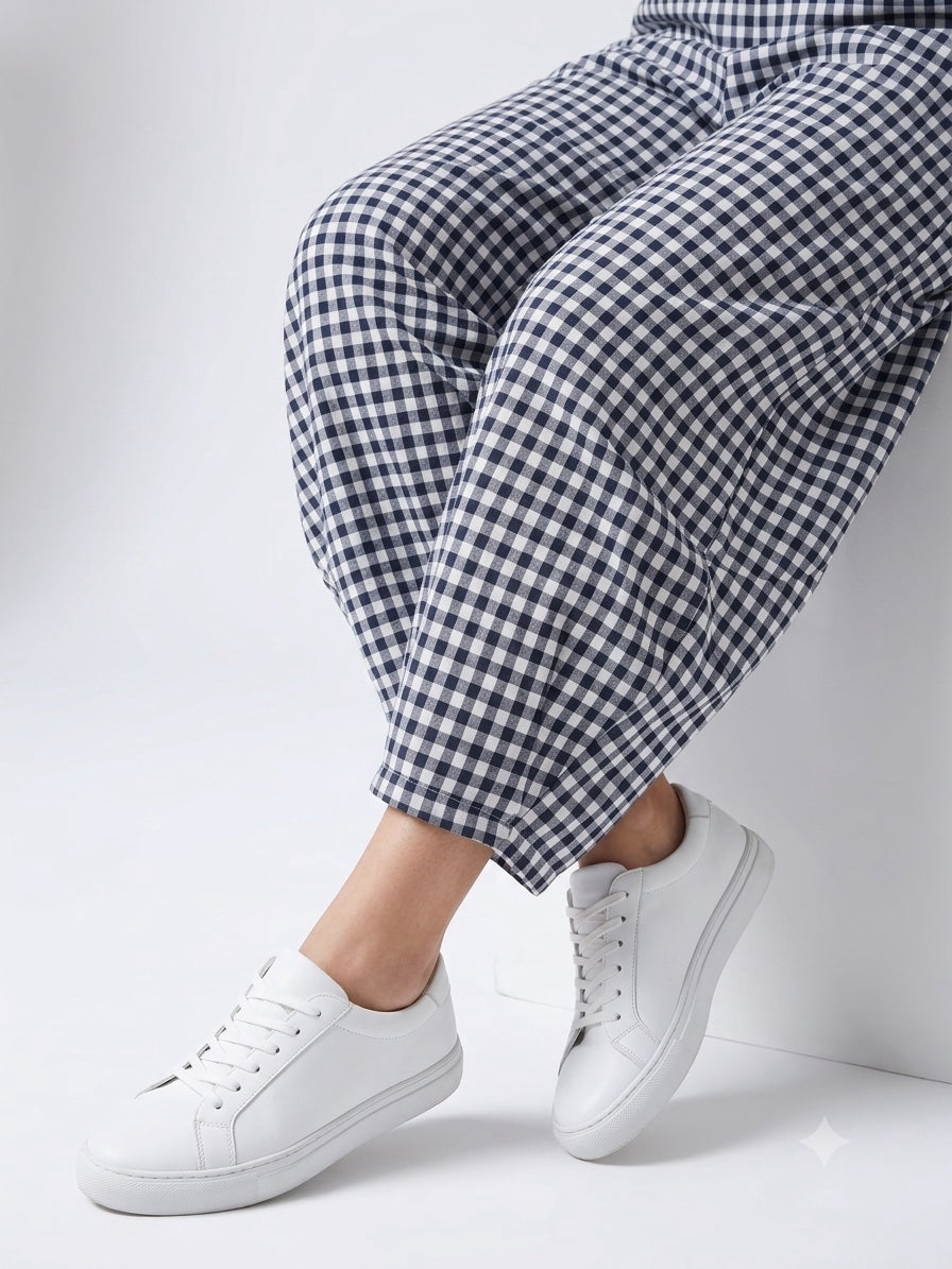 Made in Italy Gingham Check barrel leg Trouser  - Navy