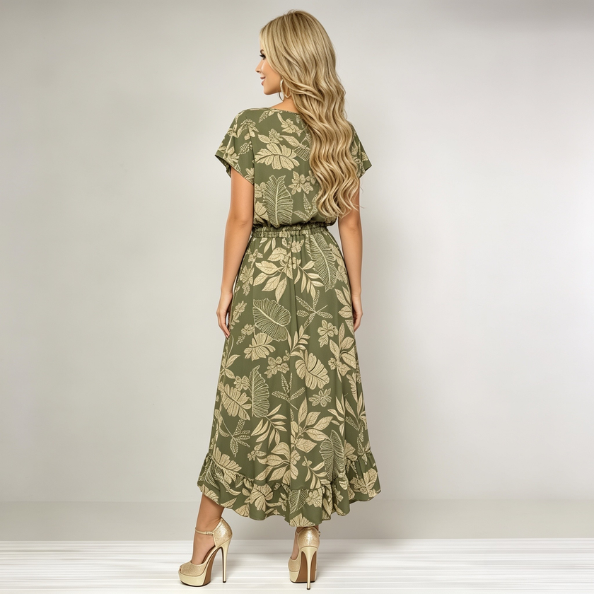 Made in Italy Tropical Leaf Print Wrap Midi Dress