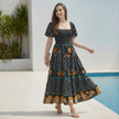 Made in Italy Square Neck Puff Sleeve Smocked Maxi Dress