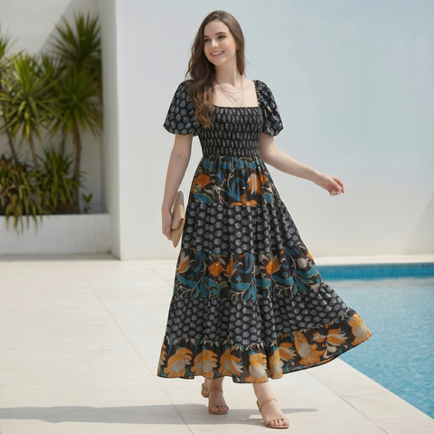 Made in Italy Square Neck Puff Sleeve Smocked Maxi Dress
