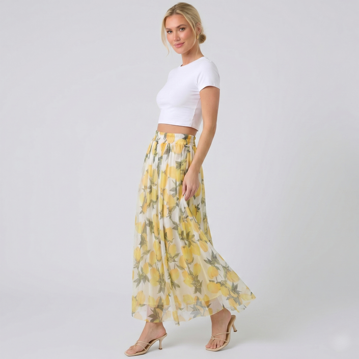 Made in Italy Lemon Print Chiffon Maxi Skirt