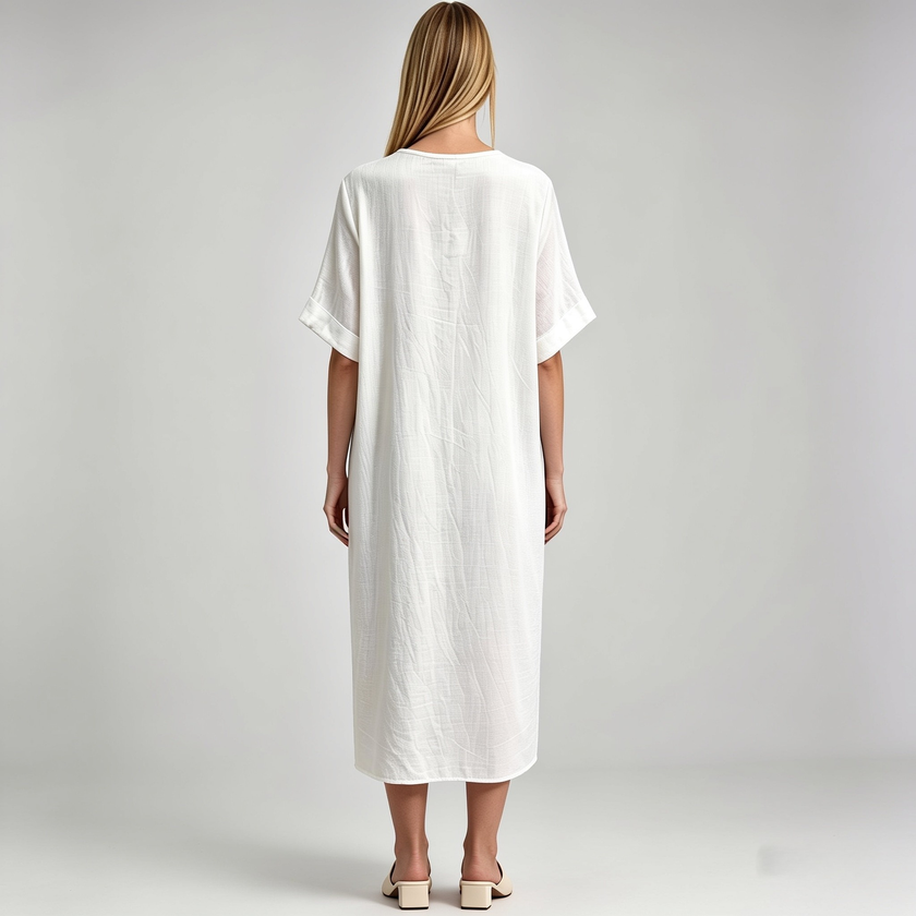 Made in Italy Viscose Linen Ring Detail Kaftan Dress