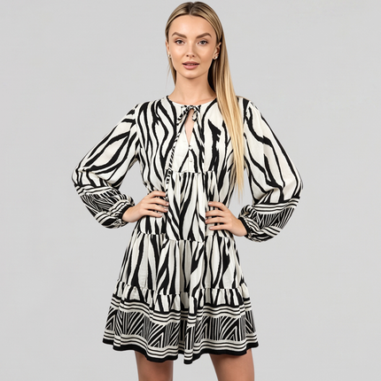 Made in Italy Printed Tie Neck Tiered Smock Dress