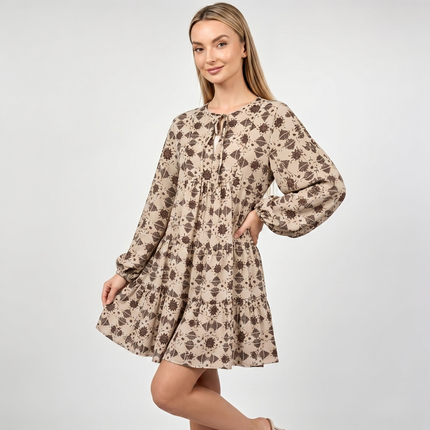 Made in Italy Printed Tie Neck Tiered Smock Dress