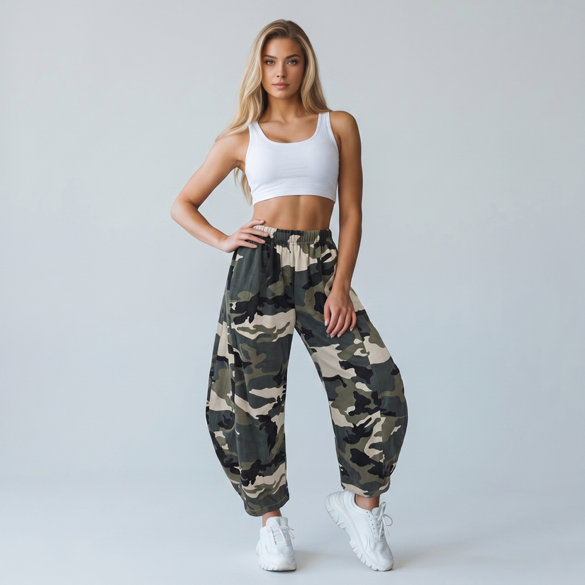 Made in Italy Camouflage Print Wide Leg Harem Trouser