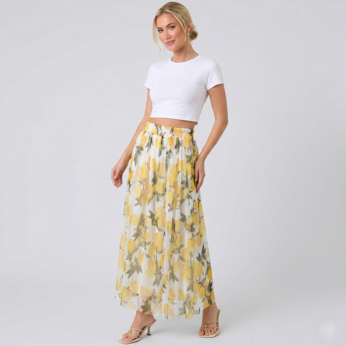 Made in Italy Lemon Print Chiffon Maxi Skirt