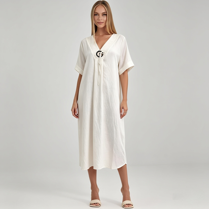 Made in Italy Viscose Linen Ring Detail Kaftan Dress