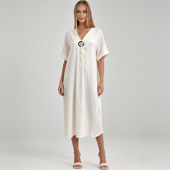 Made in Italy Viscose Linen Ring Detail Kaftan Dress