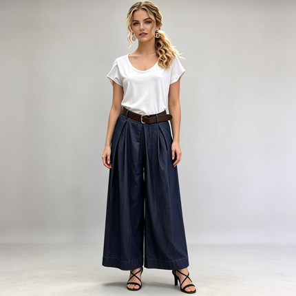 Made in Italy Pleated Wide Leg Denim Trousers